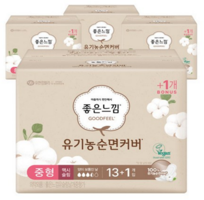 좋은느낌 유기농순면커버 맥시슬림 중형 생리대(18+18p)x16팩(1박스), 32개입, 16개