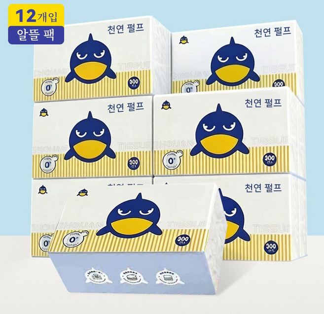 5겹 도톰한 300매 부드럽고 먼지 없는 원목펄프 대용량 생활용 티슈, 1개, 12개입