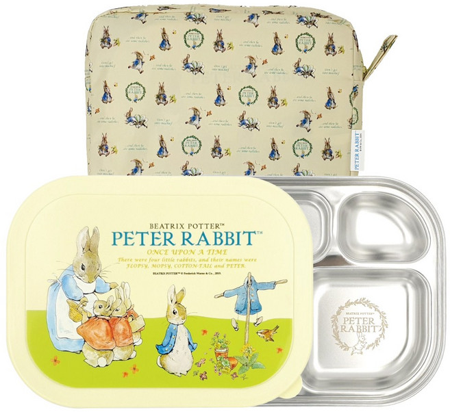 피터래빗 밀폐형 식판 도시락 + 주머니 세트, 식판 + 뚜껑 + 주머니, 아이보리