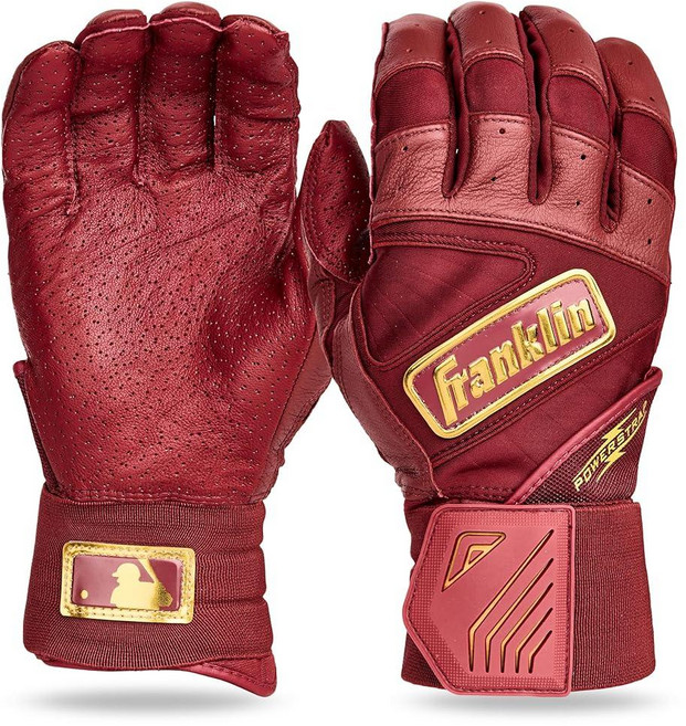 Franklin Sports MLB 배팅 장갑 - 인피니트 파워스트랩 야구 + 소프트볼 배팅 장갑 - 내구성 있는 풀 랩 케이지 연습 장비 - 롱 커프 손목 + 튼튼한 가죽 -, 버건디/골드