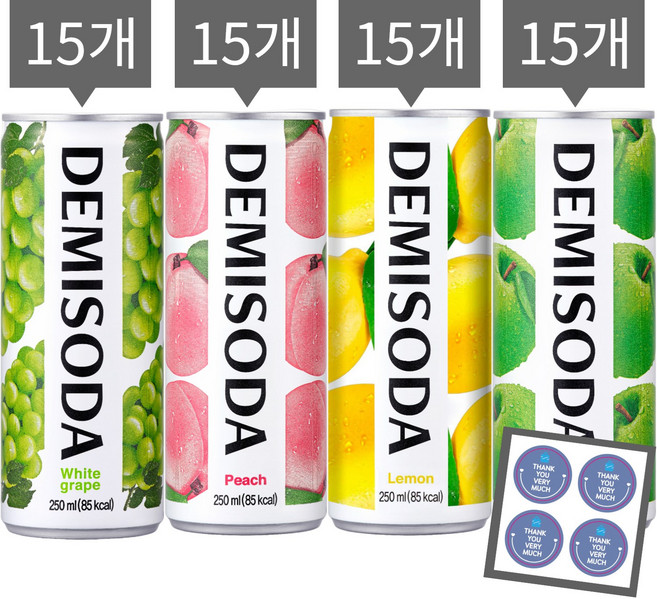 [캔톡톡]탄산음료 데미소다 캔음료 4종 각 15개씩 혼합세트(애플+복숭아+레몬+청포도)+캔톡톡땡큐감사스티커, 60개, 250ml