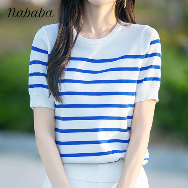 나바바 NK2948 여성 단가라 라운드넥 반팔 니트티