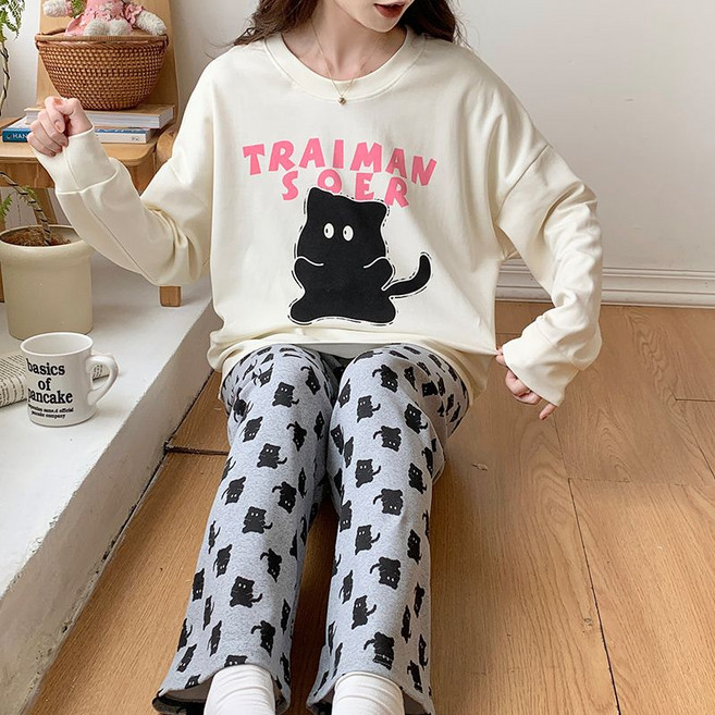 여성용 라운드 잠옷세트 블랙 고양이 실내복 긴팔 긴바지 잠옷 이지웨어 홈웨어 빅 사이즈 상의+바지2종세트