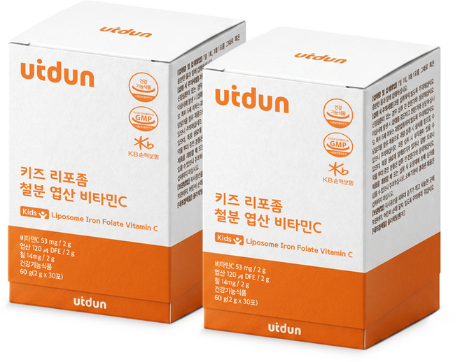 UTDUN 키즈 리포좀 철분 엽산 비타민C 두돌 아기 유아 어린이 초등학생 중학생 철분제 영양제, 2박스, 30회분