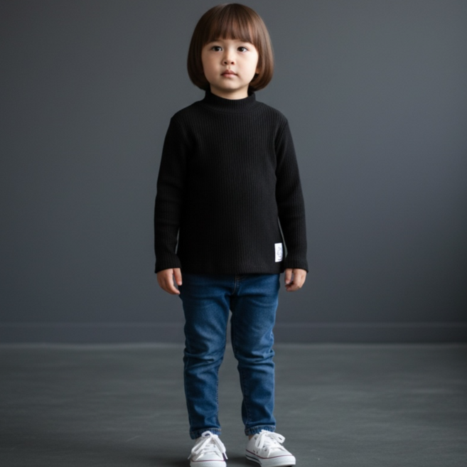 유아 골지 반목 티셔츠 겨울 이너 부드러운 면 데일리 아동복