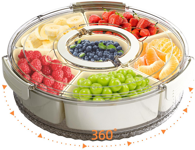 28cm 360도 회전 밀폐 과일 트레이 다칸 분할 간식 정리함 뚜껑 포함, 6p, 1개