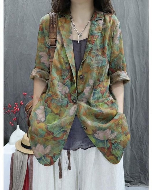 Seofst 여성 여름 코튼린넨 프린트 자켓 루즈핏 얇은 캐주얼 빈티지 자켓