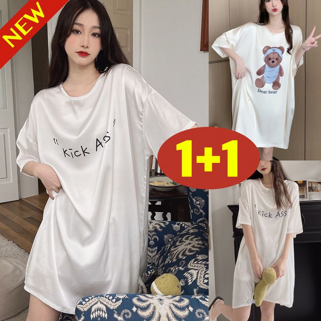(신상 추천) 150kg까지 1+1 빅사이즈 여성 아이스 쿨 티셔츠 원피스 잠옷 여름 편한 러블리한 프린트 얇은 실키 심플 베이직 오버사이즈 홈웨어 말랑마쥬 캐주얼 반팔 수면옷