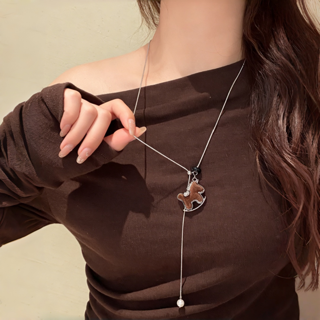 온도비움 여성 행운 말 펜던트 진주 포인트 길이조절 롱 목걸이