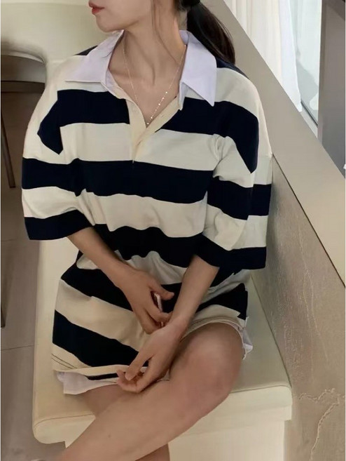 韓國 新款男女裝/情侶裝 條紋POLO衫