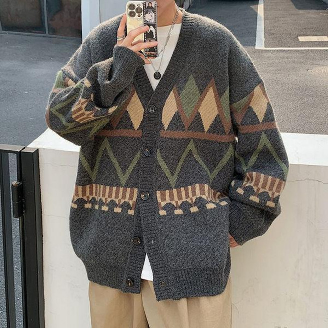 AOKADA 남성 가을 겨울 브이넥 오버핏 아가일 니트 아웃도어