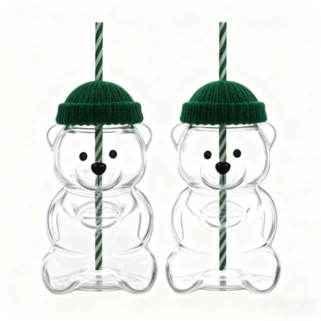 500ML 귀여운 곰 유리컵 대용량 뚜껑 직음용 빨대컵 일상 주스 우유용, 02 plastic cup, 01 Green lid 2pcs