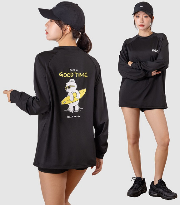 여자 루즈핏 래쉬가드 상의 + 일체형 레깅스 반바지 하의 자외선차단 수영복 비치웨어 세트