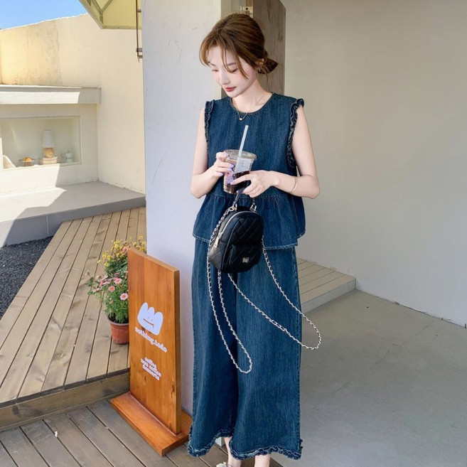 COSYEVNO 여름 여성 데님 조끼+청바지 세트 심플 패션 프릴 투피스