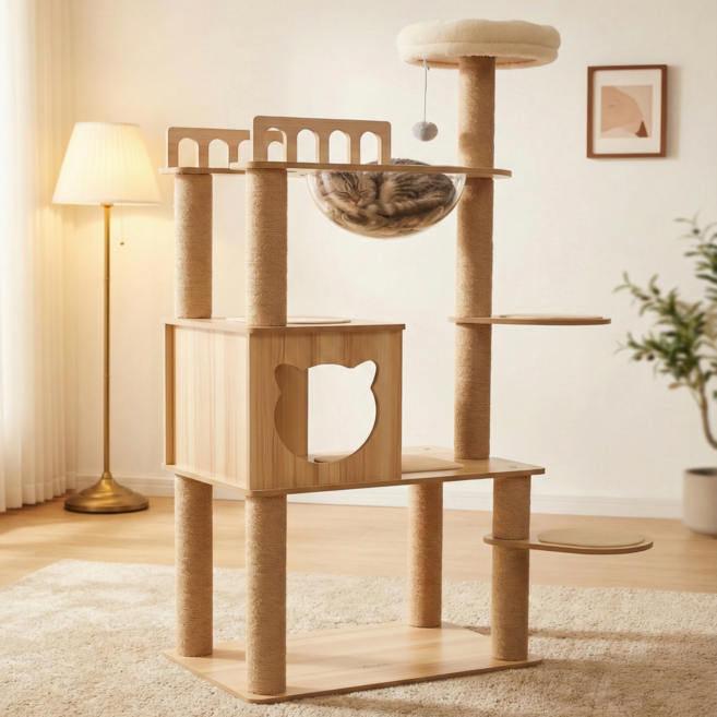 MILA&LOUIS 다기능 견고한 원목 감성 캣타워 스크래쳐 고양이장난감 대형 및 소형 고양이모두사용 원목캣타워, 1개, DX-001
