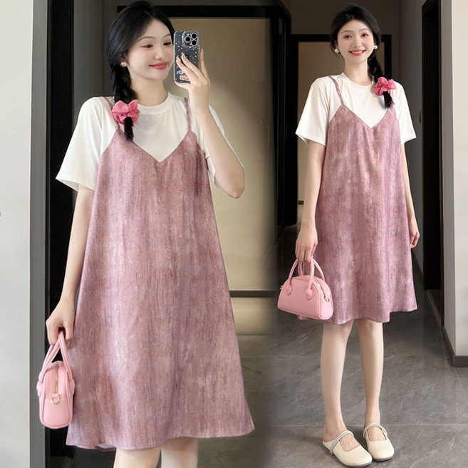 패션 임산부 여름 미니 원피스 여성 임산부 여름 편안한 레이어드 스타일 원피스 넉넉한 외출 패션 JXH