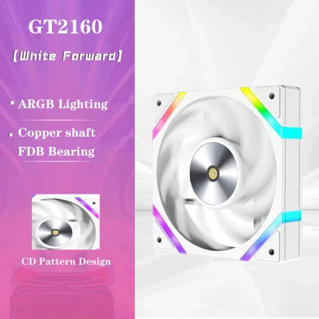 ICE 고래 GT2160 케이스 선풍기 120mm 3 핀 ARGB 조명 효과 4 PWM 구리 베어링 800-2200RPM 냉각 마더보드, 01 기타, 01 A-RGB, 02 GT2160 White Forward