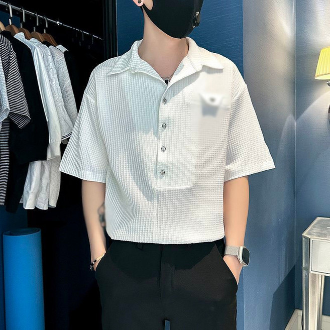 AOKADA 남성용 프리미엄 플리츠 반팔 셔츠 시원한 주름 오픈카라 남방