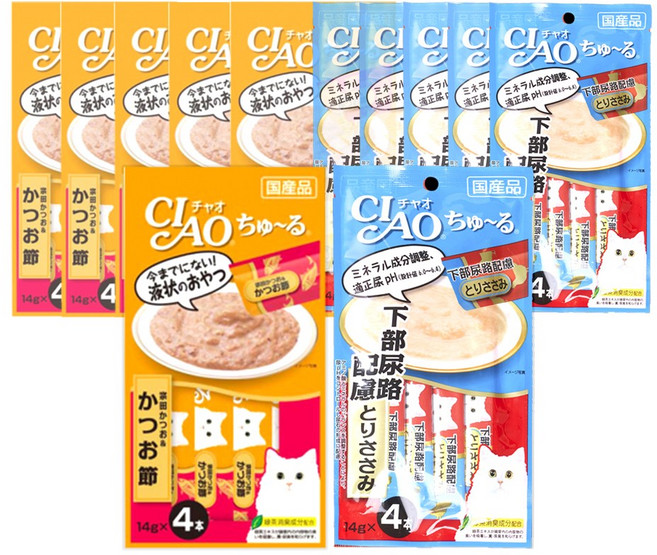 이나바 챠오 츄르 고양이 짜먹는 간식 4p, 12개, 56g, 가다랑어&가다랑어포(6개입)+헤어볼 참치(6개입)