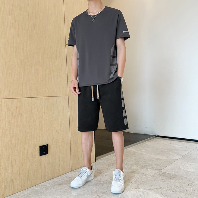 ANYOU 남성 여름 트레이닝 세트 투피스 캐주얼 반팔 반바지 상하세트