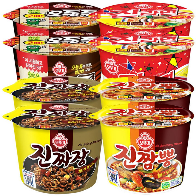 오뚜기 컵라면 기획세트 B 진라면 매운맛 용기 110g x 2p + 진짬뽕 용기 115g x 2p + 진짜장 용기 115g x 2p + 오동통면 용기 100g x 2p, 8개
