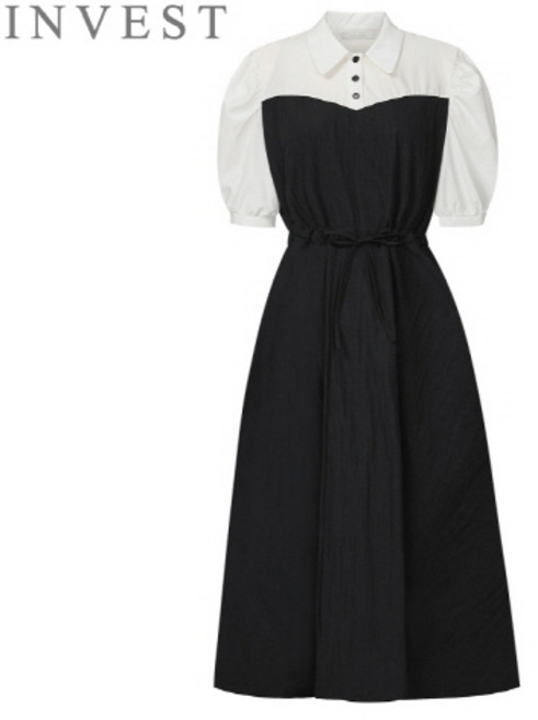 클래식 퍼프 배색 롱 원피스_INI6M1OP3491