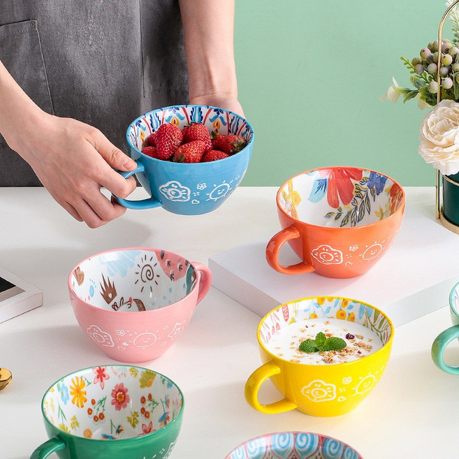 핸드페인팅 캐릭터 도자기컵 크레용 패턴 머그컵 디저트컵, 2개, A