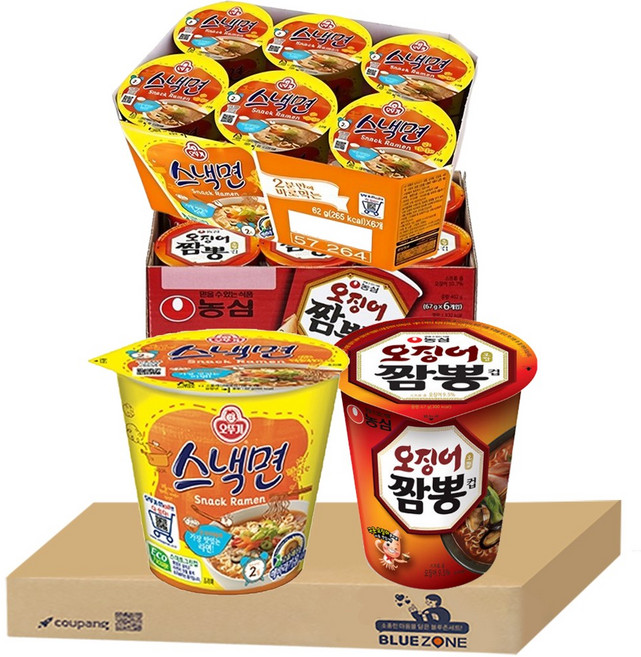 블루존 오징어짬뽕 소컵라면 67g (6입)+스낵면 소컵라면 62g (6입)