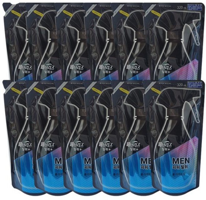 페브리즈 MEN 데오드란트 파워 섬유탈취제 쿨아쿠아향 리필, 320ml, 12개