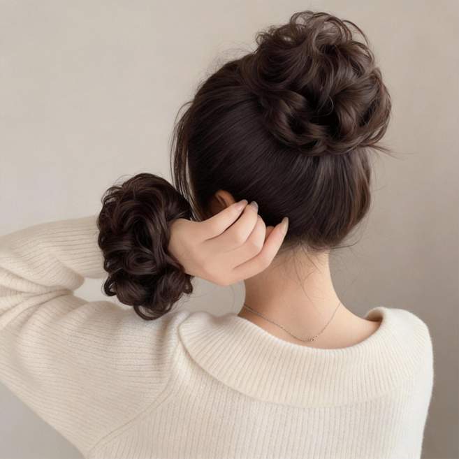 SEVOREN 올림머리 볼륨 웨이브 고무줄형 똥머리 가발 부분가발, 1개, 다크 브라운