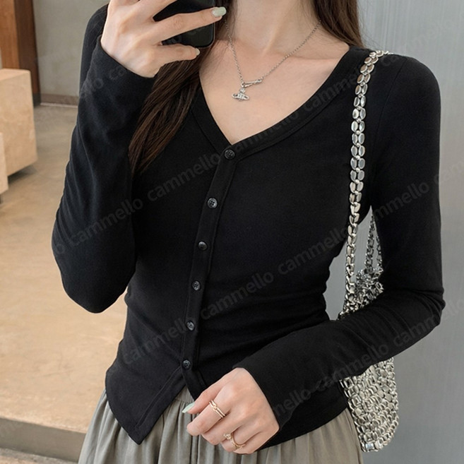 cammello 딱붙핏 가디건 슬림 브이넥 버튼 긴팔티 시스루 티셔츠 간절기 데일리룩