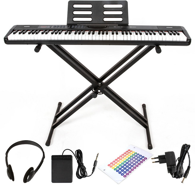 디에스뮤직 교습 입문용 88건반 전자 디지털 피아노 + 스탠드 + 서스테인 페달 + 계이름 스티커 세트, 블랙, 1개