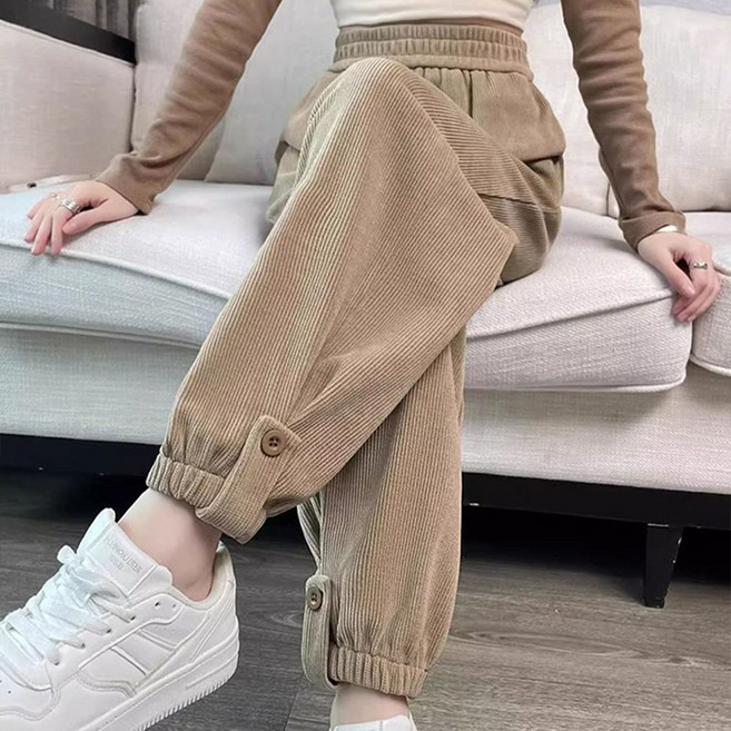 여성용 코듀로이 허리 밴딩 캐주얼 따뜻한 와이드 트레이닝 배기 조거 팬츠 슬림소녀