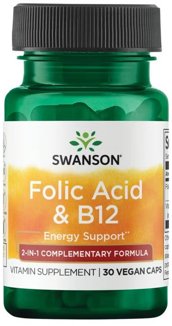 Swanson Vitamins 스완슨 엽산 및 비타민 B-12 식물성 캡슐 30정 134048, 1개 - 쿠팡