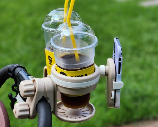 아가츄 3 in 1 유모차컵홀더 이중락 더블락 컵홀더 2구 스마트폰 바라보기 거치대 유모차 개모차 멀티 호환, 1개, 더블락 베이지