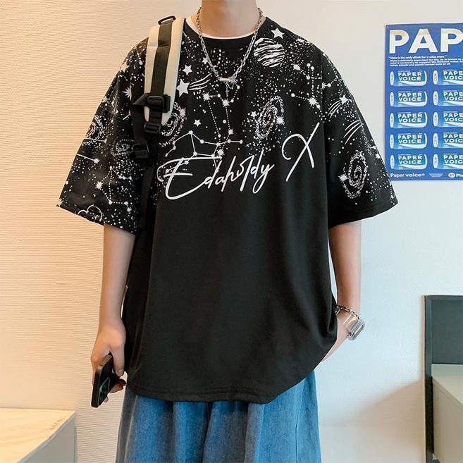 夏季男款寬松復古美式風短袖印花T恤, 1個, KC05黑色【收藏優先發貨】2XL （135-150斤）