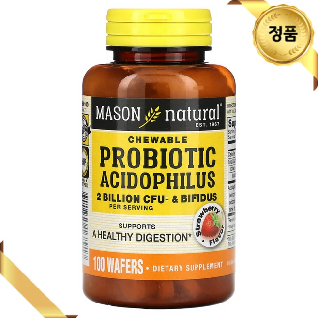 Mason Natural 프로바이오틱스 20억 CFU 츄어블 100개 딸기맛 애시도필러스, 100정, 1개 - 쿠팡