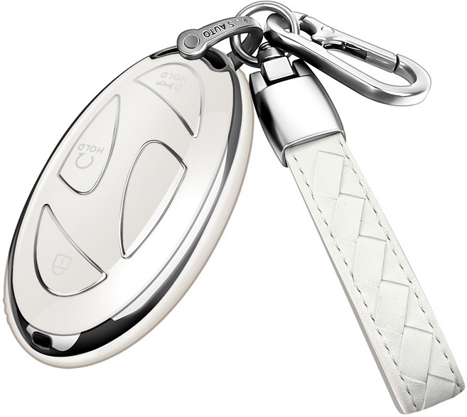 MODACE 2023-2025 현대 호환 키케이스 5버튼/7버튼 TPU 소프트젤 보호 케이스+가죽 메탈 키링, 7버튼-실버 화이트