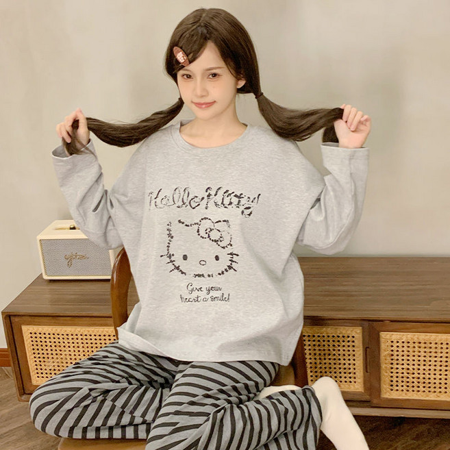 LOVEND 봄가을 잠옷 긴팔 긴바지 실내복 세트 키티 가을 겨울 잠옷