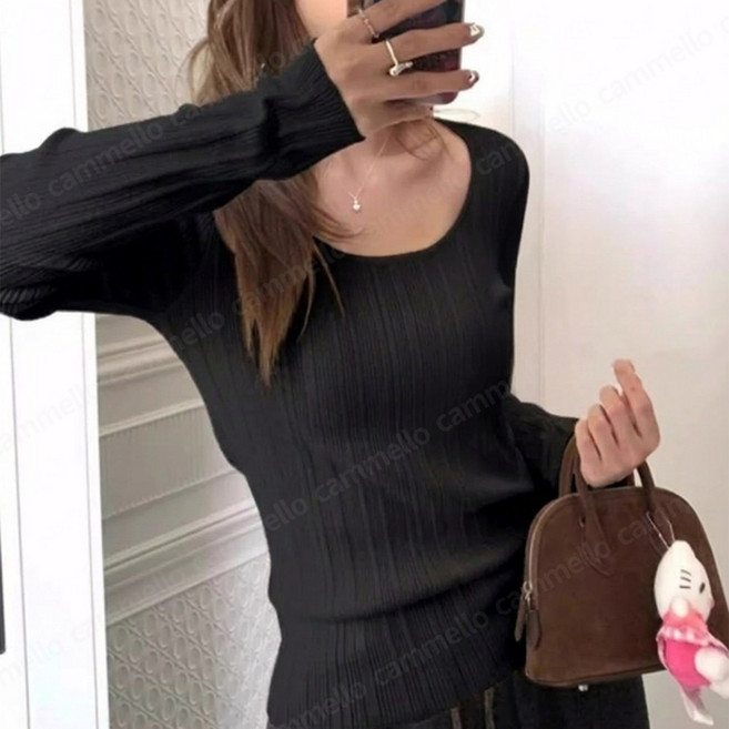cammello 페미닌 무드 슬림핏 딥 유넥 골지 니트티 간절기 이너티 데일리룩 긴팔티