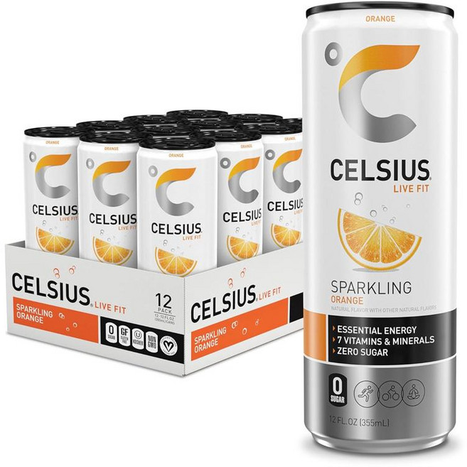 CELSIUS 셀시우스 스파클링 오렌지 기능성 에너지 드링크, 355ml, 12개