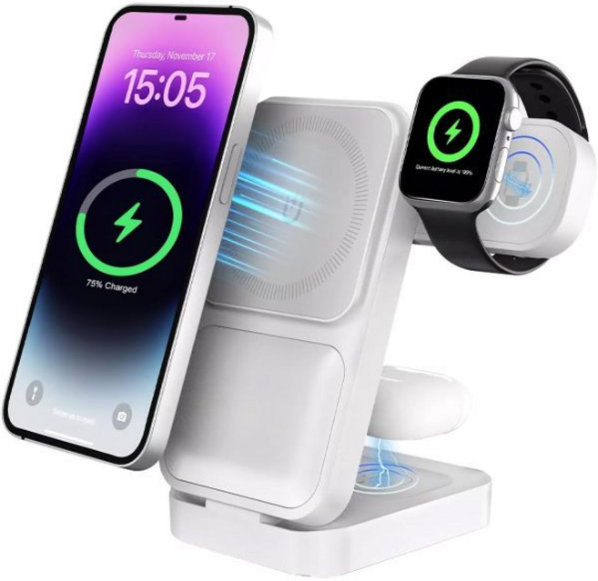 Apple용 3in1 무선 충전 스테이션 15W 고속 Qi 인증 마그네틱 MagSafe 충전기 스탠드 Apple 16용 15개 Watch 에어팟 접이식 각도 조절 가능 휴대용, APSARAS USA 3 IN 1 White
