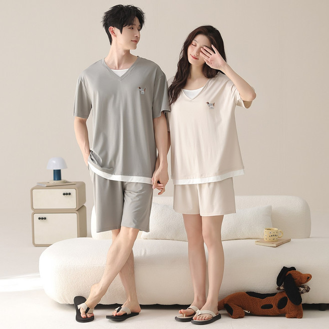 여름용 커플잠옷세트빅사이즈 쿨 아이스 홈웨어 파자마세트 여성 캡내장 노메이커 모달 커플 잠옷 세트 1+1