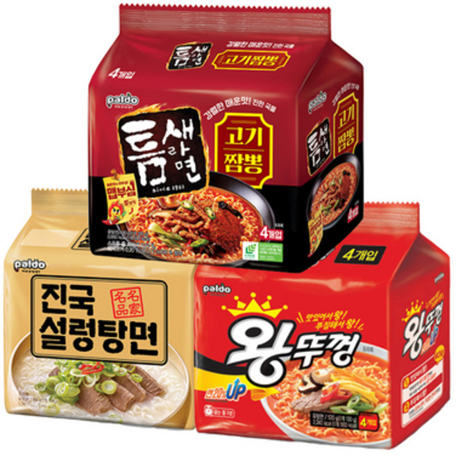 틈새라면고기짬뽕4봉+진국설렁탕면4봉+왕뚜껑봉지면4봉, 1세트