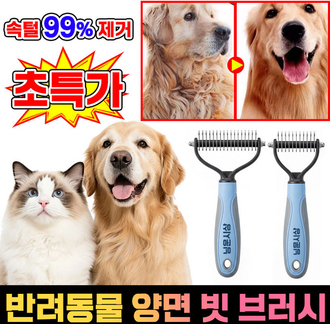 [26년신상] 1/1+1 강아지 고양이 겸용 양면 엉킴 제거 브러시 반려동물 양면 빗 브러시 강아지 양면 브러쉬 강아지 털제거기 개털 제거기 고양이 빗 고양이털제거기Ruxterlo, 1개, 파란색소형