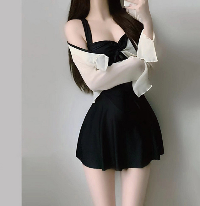 夏日連體泳衣 女裙式長袖防曬 溫泉游泳裝, 黑色帶外套,XXL推薦60.0 70.0公斤