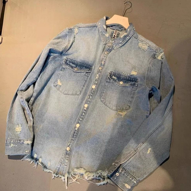 남성 오버핏 디스트로이드 데님 셔츠자켓 워싱 찢어진 청자켓 간절기 아우터