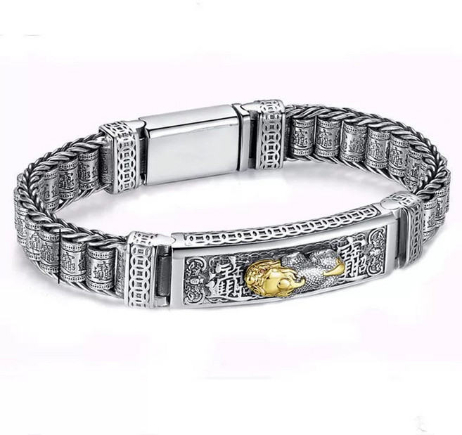 Sun_Plus 貔貅招財進寶手鍊 可轉動設計 手工編織 男士復古風格 長度22CM