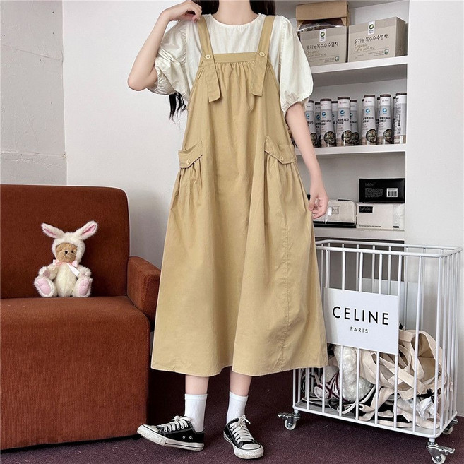 besteffie 여성용 심플 캐주얼 오버핏 면 멜빵 원피스 봄 여름 멜빵원피스 빅사이즈 K51