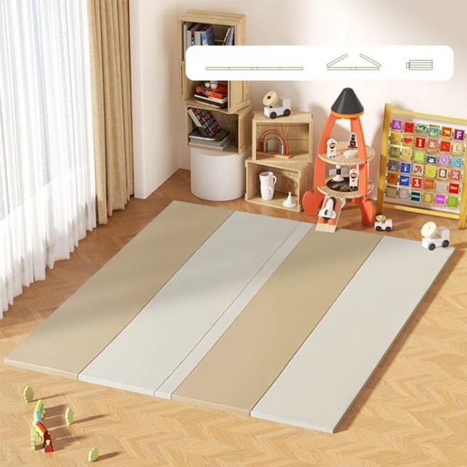 HZDMJ 4단 접이식 폴더매트 하우스 다용도 놀이매트 거실 집안용 층간소음매트 어린이매트, 백색/자연